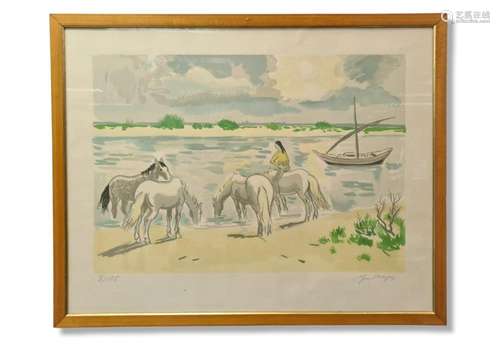 Yves BRAYER (1907-1990)., Les chevaux à la rivière., Lithogr...