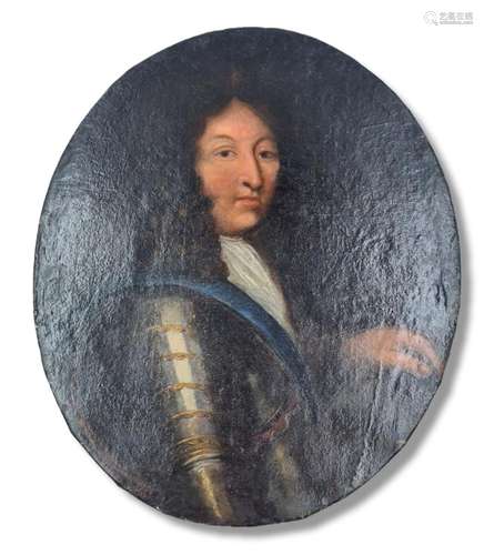 Portrait de Louis XIV en cuirasse., Huile sur toile ovale., ...