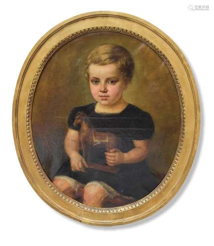 Huile sur toile., Petit enfant au jouet ancien., Ht : 60 cm....