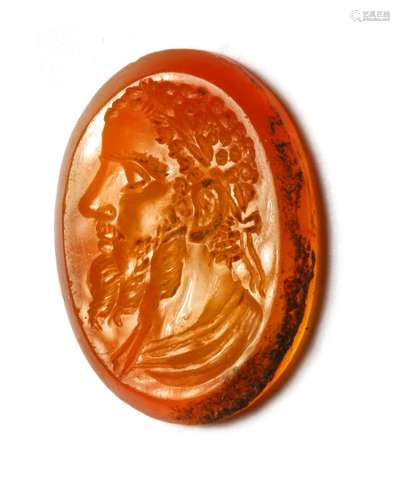 A ROMAN CARNELIAN INTAGLIO BUST OF EMPEROR, CIRCA 2ND-3RD CE...