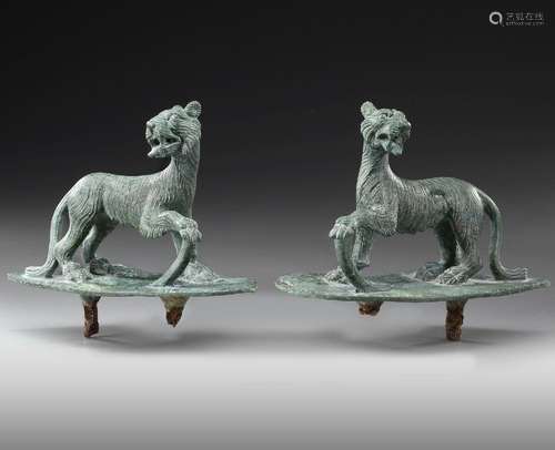 A PAIR OF ROMAN BRONZE CHARIOT FITTINGS WITH FEMALE PANTHER,...