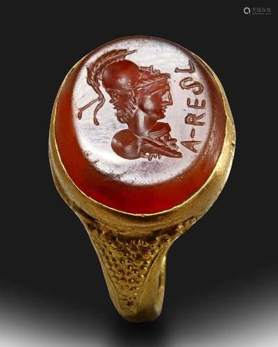 A ROMAN GRYLLUS INTAGLIO SET IN A GOLD RING, CIRCA 2ND-3RD C...