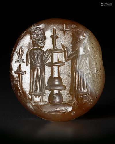 SASSANIAN LARGE AGATE DOMED SEAL WITH TWO FIGURES AND ALTAR,...