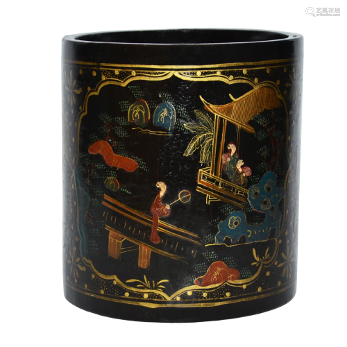 Qing, A Rare Lacquer Painted Bamboo Cylindrical Brush Pot wi...