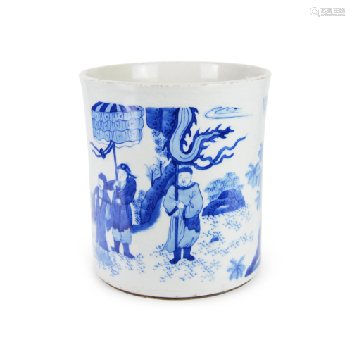 Qing, Blue and White Brush Pot with Greeting Story Scene