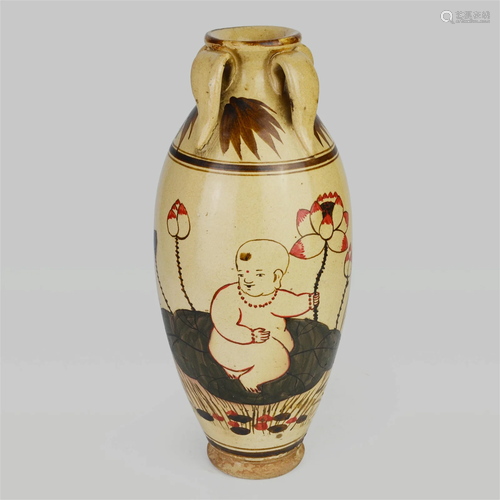 Painted Pottery Vase with Child at Play and Lotus with Four ...