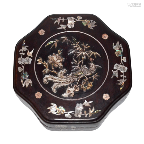 Qing Dynasty, Zitan Octagonal-Lobed Box Inset with Mother-of...