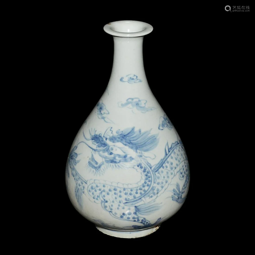 Korean, Joseon Dynasty, 18th C. Blue and White Dragon amidst...