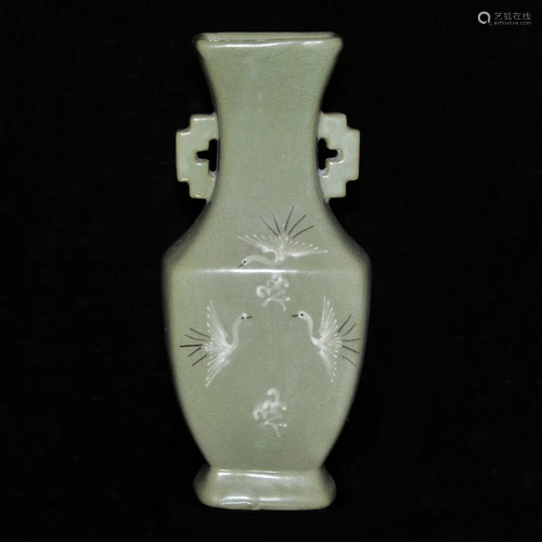 Korea, 19C Celadon-Glazed Crane and Cloud Square Vase with S...