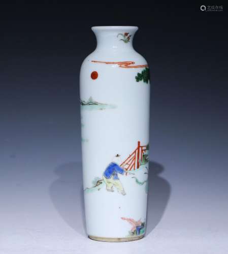 A Wu cai 'maid of honour' column vase,Kang xi Mark