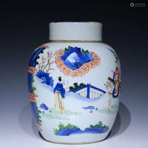 A blue and white Wu cai 'figure' jar and cover,Kang xi Mark