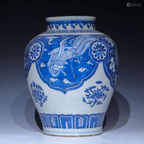 A blue and white 'phoenix and floral' jar