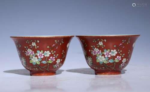 A pair of rosso alicante ground 'floral' bowl,Qian long Mark