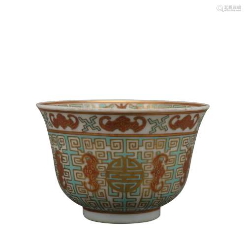 An allite red glazed cup painting in gold,Qian Long Mark
