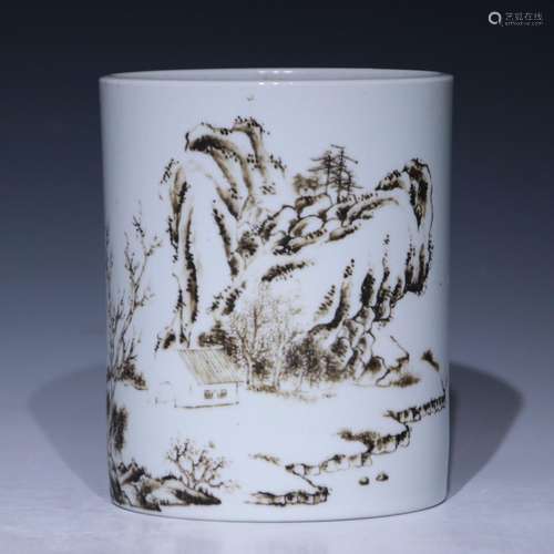 A grisaille-painted 'landscape' pen container,Kang xi Mark