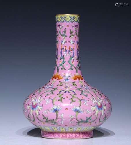 A famille-rose and pink-ground 'floral' vase,Qian long Mark