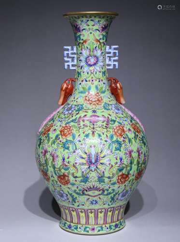 A famille-rose 'floral' binaural vase,Qian long Mark