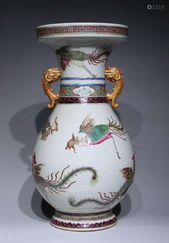 A famille-rose 'phoenix' binaural vase,Yong zheng Mark