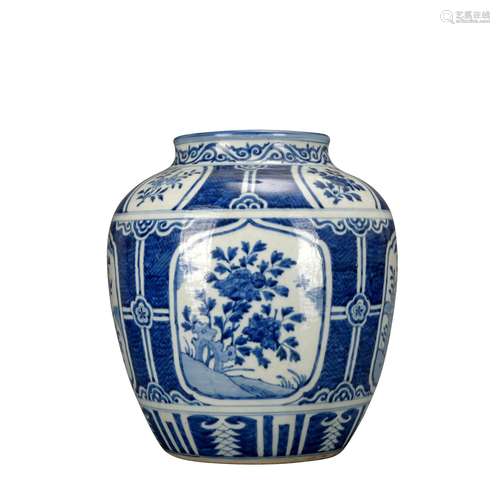 A blue and white 'floral' jar