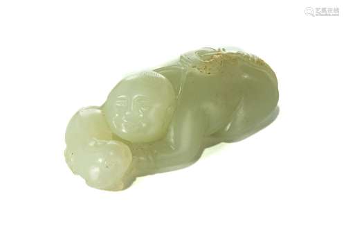 WHITE JADE BOY AND CAT IN PLAY