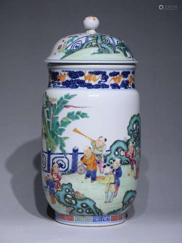 A Dou cai 'kids playing' jar and cover,Qian long Mark