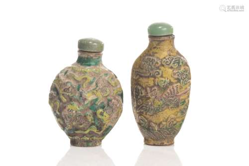 TWO CHINESE ENAMELED POTTERY SNUFF BOTTLES