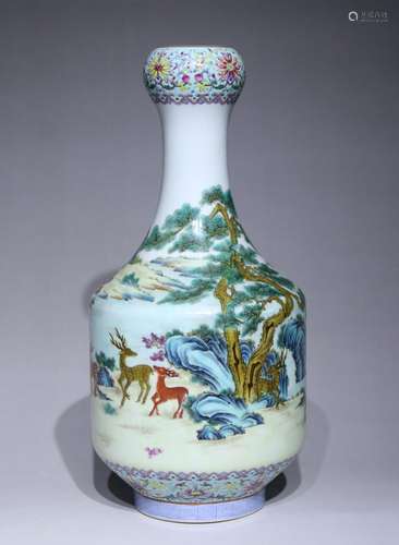 A famille-rose garlic-head vase,Qian long Mark