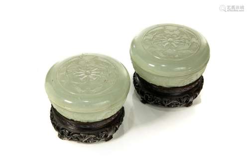 PAIR OF FINELY CARVED CHINESE JADE COVERED BOXES