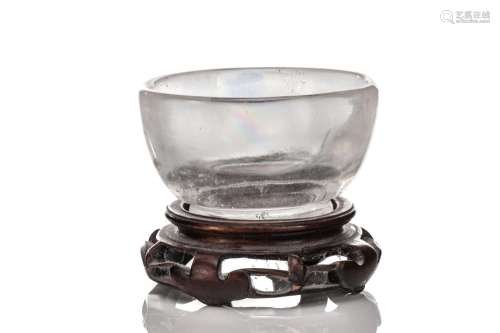 SMALL CHINESE CARVED ROCK CRYSTAL BOWL ON STAND