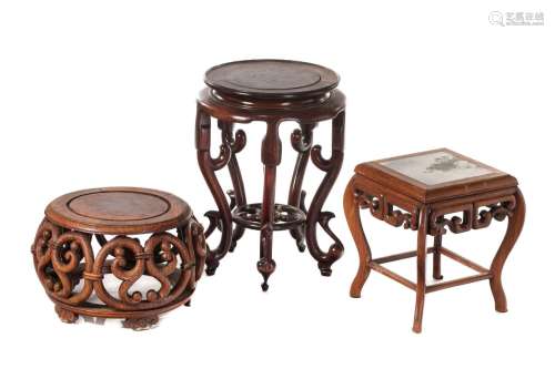 THREE CHINESE WOOD STANDS WITH MARBLE INLAY