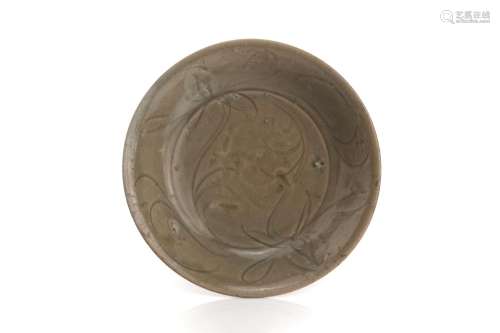 YAOZHOU CELADON DISH WITH CARVED FLORAL DESIGN