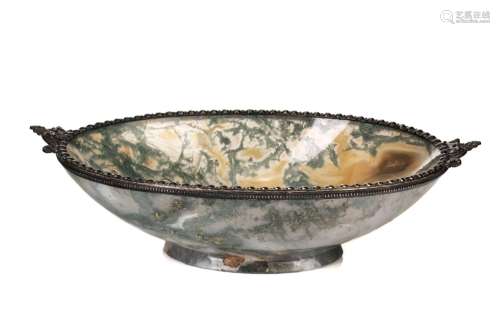 MOSS AGATE BOWL WITH SILVER RIM