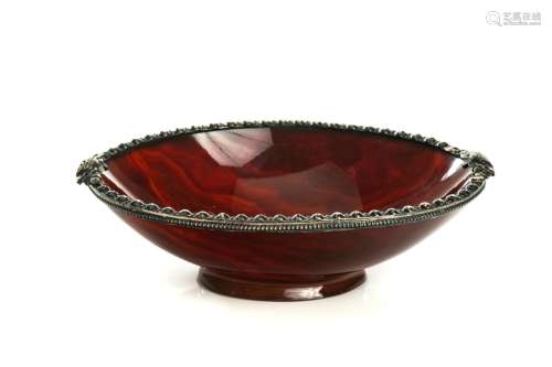 RED CARNELIAN AGATE BOWL WITH SILVER RIM