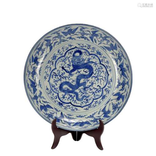 A blue and white 'dragon' dish,Jia Jing Mark