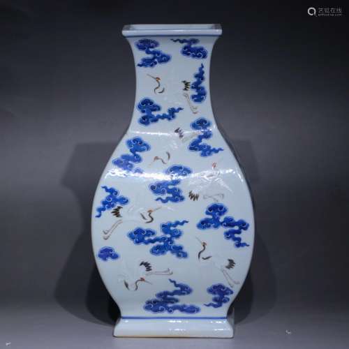 A blue and white and famille-rose 'crane' square bottle,Qian...