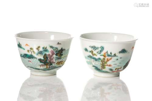PAIR OF CHINESE FAMILLE ROSE LANDSCAPE BOWLS