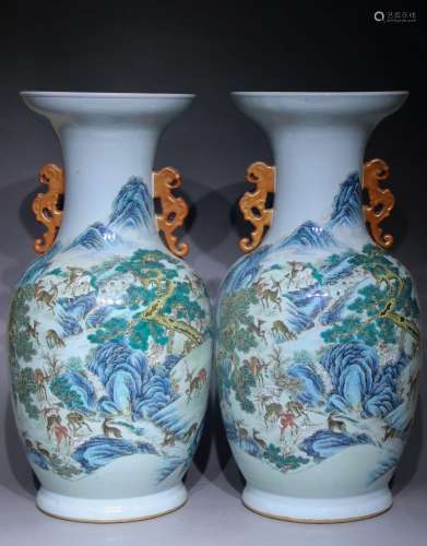 A famille-rose 'deers' binaural vase,Qian long Mark