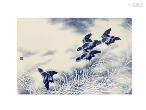 A Wang bu's blue and white 'floral and birds' vitrolite