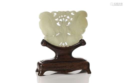 CHINESE JADE RETICULATED BUTTERFLY PLAQUE ON STAND