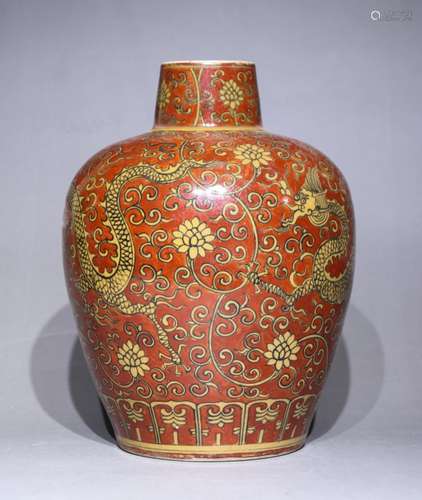 A red-glazed 'dragon' jar,Jia jing Mark