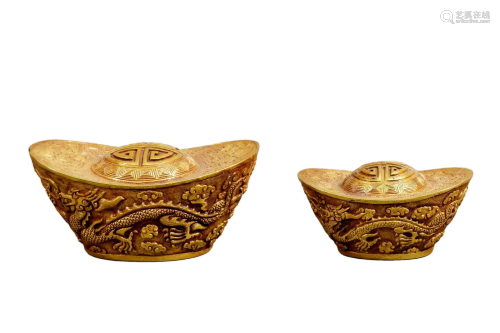 Two Shoe-Shaped Gilt-Bronze Ingots