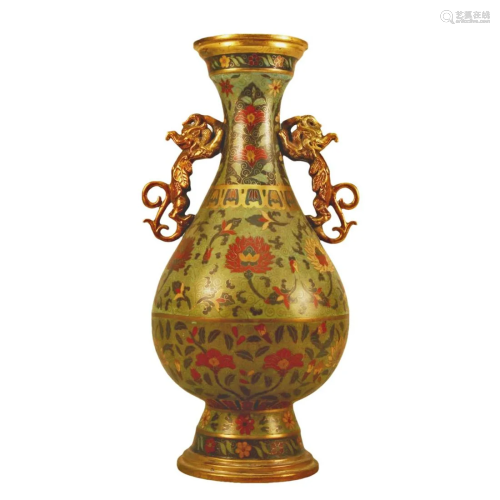 A Cloisonne 'Scrolling Lotus' Dragon-Handled Vase
