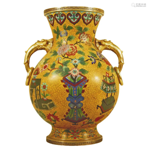 A Cloisonne 'Flower' Vase, Two-Handle With Ring