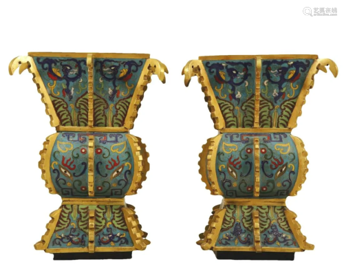 A Pair Of Cloisonne 'Animal Mask' Candlesticks