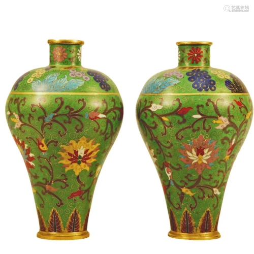 A Pair Of Cloisonne 'Scrolling Lotus' Vases