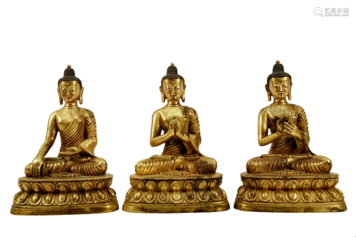Three Gilt-Bronze Figures Of Buddha Shakyamuni
