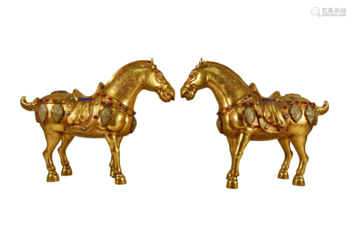 A Pair Of Gilt-Bronze Celadon Jade-Inlaid Horses