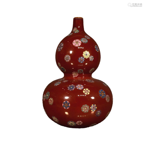 A Fabulous Red-Ground Famille-Rose Doughnut-Flower Gourd Vas...
