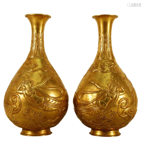 A Pair Of Gilt-Bronze 'Dunhuang' Vases