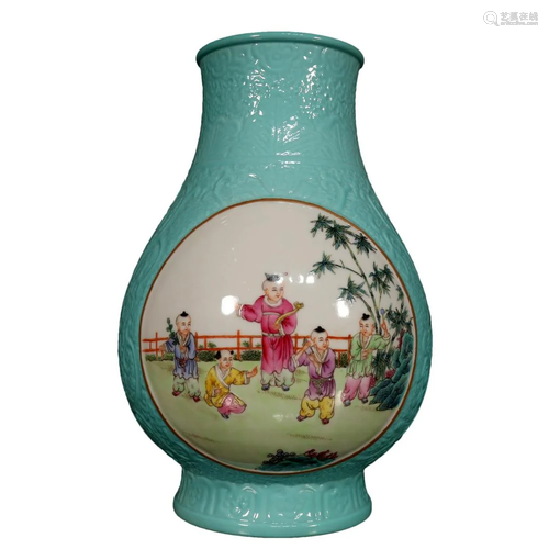 A Lovely Green-Ground Window-Shaped Famille-Rose Children Pl...